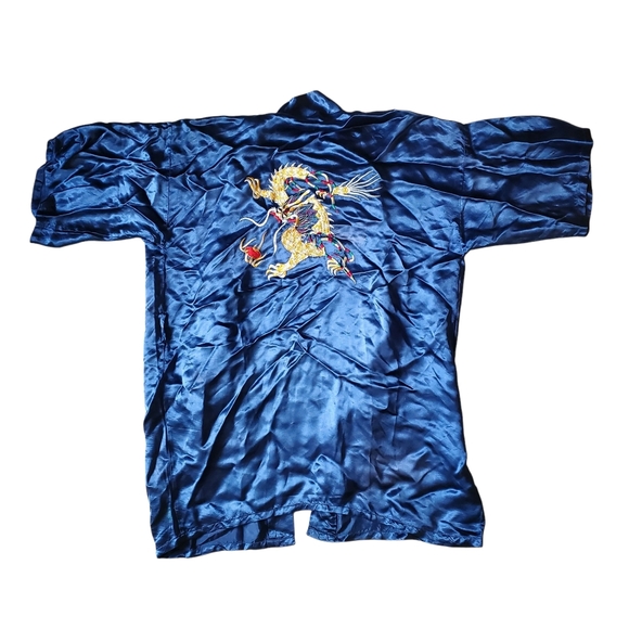 Vintage 70's Blue Satin Kimono with Dragon Embroidery - One Size
